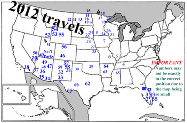 2012 travel map for the two RV Gypsies